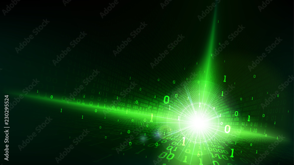 Poster binary code in abstract futuristic matrix cyberspace, shining green background with digital code, bi