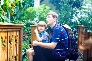 Father and preschool kid boy discovering flowers, plants and butterflies at botanic garden.