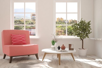 Idea of white room with armchair and summer landscape in window. Scandinavian interior design. 3D illustration