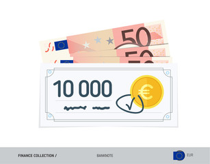 Bank check with 50 Euro Banknotes. Flat style vector illustration. Finance concept.