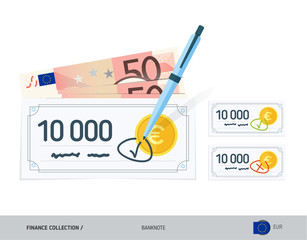 Bank checks set with 50 Euro Banknotes. Flat style vector illustration. Finance concept.