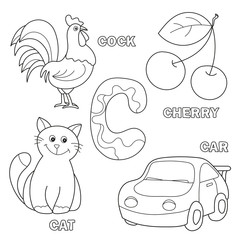 Black and White Cartoon Illustration of Writing Skills Practice Workbook with Letter C for Preschool and Elementary Age Children Coloring Book - cat, cherry, car, cock