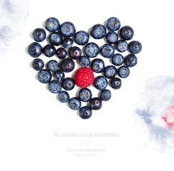 Blueberries in the shape of heart on an isolated white watercolor background with a single...