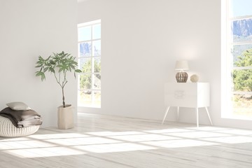 White empty room with summer landscape in window. Scandinavian interior design. 3D illustration