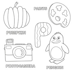 Kids alphabet coloring book page with outlined clip arts. Letter P - pumpkin, photocamera, penguin, paint