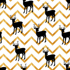 Seamless pattern with black deer and gold texture