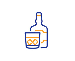 Whiskey glass with ice cubes line icon. Scotch alcohol sign. Colorful outline concept. Blue and orange thin line color icon. Whiskey glass Vector