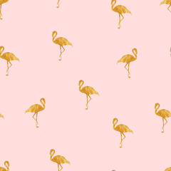 Seamless pattern with gold flamingo