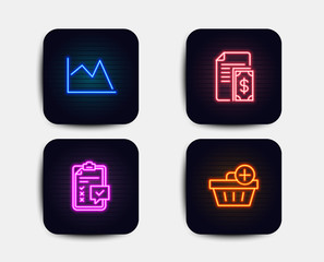 Fototapeta premium Neon glow lights. Set of Line graph chart, Payment and Checklist icons. Add purchase sign. Financial graph, Cash money, Survey. Shopping order. Neon icons. Glowing light banners. Vector
