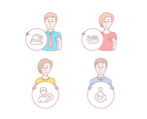 People hand drawn style. Set of Speedometer, Remove account and Santa hat icons. Share sign. Time concept, Delete user, Christmas. Referral person.  Character hold circle button. Man with like hand