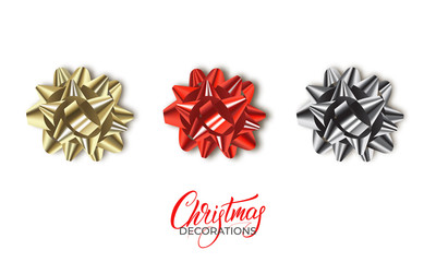 Fototapeta na wymiar Gift bow. Realistic gold, red and silver metallic bows. Christmas and New Year decorations.