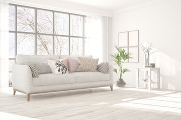 White modern room with sofa. Scandinavian interior design. 3D illustration