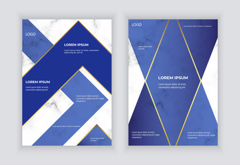 Cover design brochure with blue geometric shapes, golden lines and marble texture . Modern business A4 template for annual report, flyer, poster, card, corporate presentation, portfolio,  layout.