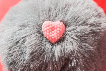 Close up pink jeweled little heart on grey fur background.