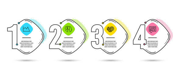 Infographic finance timeline. Set of Pay, World money and Line chart icons. Money transfer sign. Beggar, Global markets, Financial graph. Cashback message. Workflow timeline. Vector