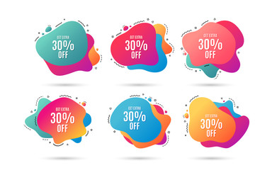 Get Extra 30% off Sale. Discount offer price sign. Special offer symbol. Save 30 percentages. Abstract dynamic shapes with icons. Gradient banners. Liquid  abstract shapes. Vector
