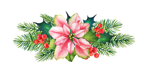 Decorative Christmas element with watercolor poinsettia flower, branches of holly and pine tree