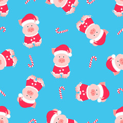 Cute pig in a suit and a Santa Claus hat with a fluffy pompon. Christmas candy seamless pattern.