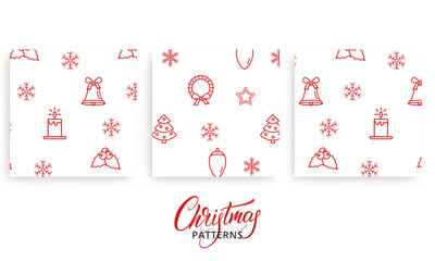 Fototapeta na wymiar Christmas pattern. Set of Xmas seasonal patterns for presents wrapping paper. Gift wrap design.