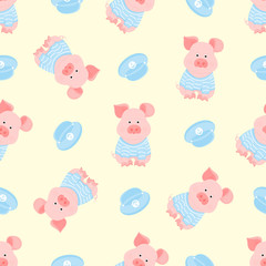 A funny piggy in a sailor's striped T-shirt and captain's visor seamless pattern.