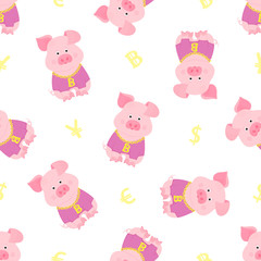 Funny pig with a gold chain and a bitcoin icon seamless pattern