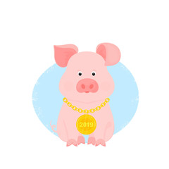 Funny pig with a gold medal on a chain with the inscription 2019.
