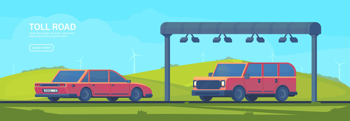 Wireless automated toll collection gate on highway. Checkpoint on the toll road. Web banner. Vector flat illustration.