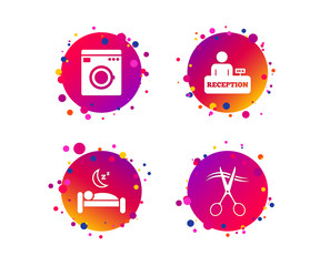 Hotel services icons. Washing machine or laundry sign. Hairdresser or barbershop symbol. Reception registration table. Quiet sleep. Gradient circle buttons with icons. Random dots design. Vector