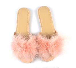 Flat pink feather slippers on white background - top view
