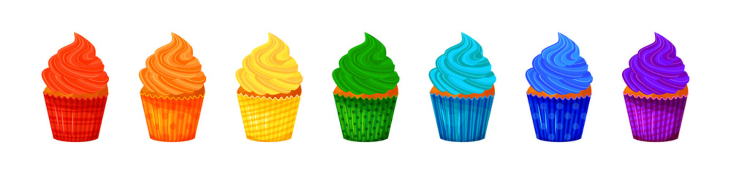 Vector cartoon style illustration of sweet cupcakes. Delicious sweet desserts decorated with colored creme. Set. Muffins isolated on white background.