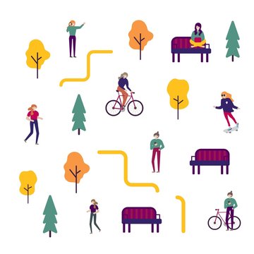 City life constructor. Autumn set with people character. Flat design. Vector illustration