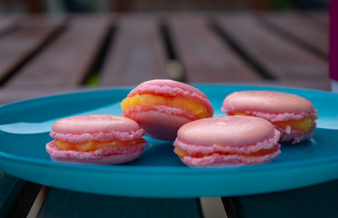 Homemade macaron, almond cookies, in blue plate over wooden table 