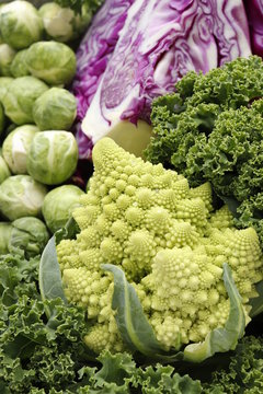 Different types of cabbage. Cale, Brussels sprouts, red cabbage and romanesco. Vertical, selective focus.