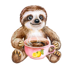 Cheerful, funny sloth with a cup of coffee, tea, chocolate, beverage isolated on a white background. Watercolor. Illustration. Template
