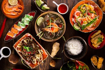 Photo sur Plexiglas Plats de repas Various of asian meals on rustic background , top view , place for text.