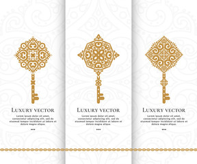 Vector set of luxury golden keys. Elegant, classic elements. Can be used for jewelry, beauty and fashion industry. Great for logo, monogram, invitation, flyer, menu, brochure, background, or any idea.