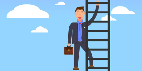 Career ladder. Business man in sky. Businessman climbing to up on ladder