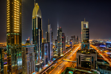 Fototapeta na wymiar Dubai skyline during sunrise, United Arab Emirates.