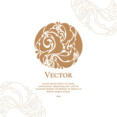 Golden vector emblem. Elegant, classic elements. Can be used for jewelry, beauty and fashion industry. Great for logo, monogram, invitation, flyer, menu, brochure, background, or any desired idea.