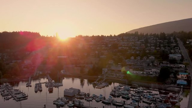 Aerial shot of the harbor in Gibsons, BC.