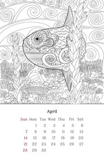 Sea anti stress coloring page for calendar 2019
