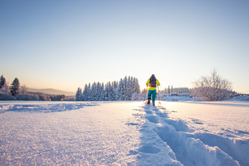 Snowshoe walker running in powder snow with beautiful sunrise light.
