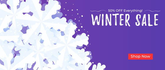 Winter sale banner background template with snowflakes and snow