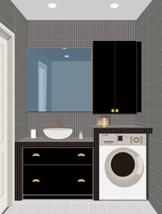 Black bathroom interior background with furniture.Design of modern bathroom. Bathroom illustration.