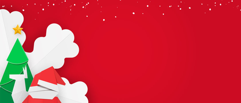 Winter banner template with snow for web. Christmas leaflet with red background, santa, new year tree, snowflake and reindeer.