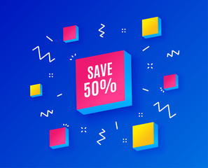 Save 50% off. Sale Discount offer price sign. Special offer symbol. Isometric cubes with geometric shapes. Creative shopping banners. Template for design. Vector