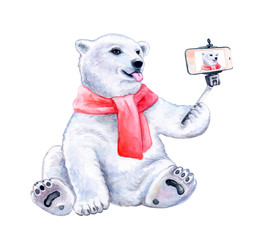 Funny polar bear with a red scarf - Self picture isolated on white background. Selfie stick in his hand. Funny bear are taking a selfie with smartphone camera. White bear taking a selfie. Watercolor. 