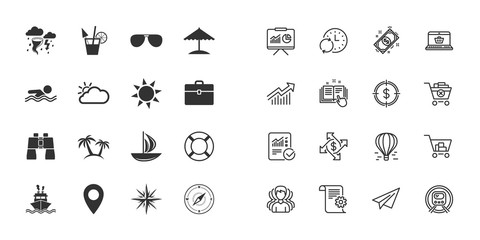 Set of Travel and Cruise icons. Ship, Yacht and Lifebuoy signs. Binoculars, Windrose and Storm symbols. Sun, Swimming and Sunglasses. Paper plane, report and shopping cart icons. Group of people