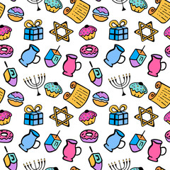Hanukkah. A set of traditional attributes of the menorah, dreidel, oil, Torah, donut. Seamless Pattern in a doodle style