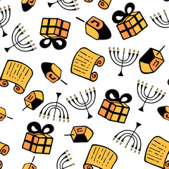 Hanukkah. A set of traditional attributes of the menorah, dreidel, Torah, gift. Seamless Pattern in a doodle style.